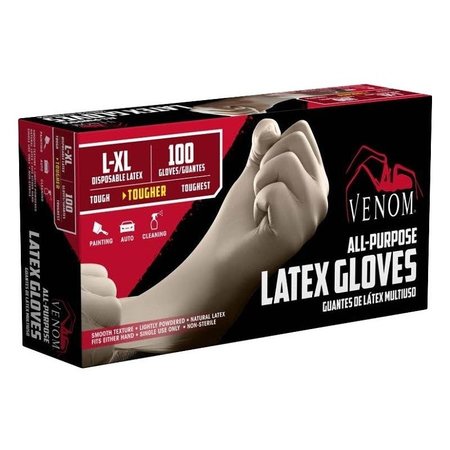 VENOM STEEL Latex Disposable Gloves, 3 mil Palm, Latex, Powdered, L/XL, Clear VEN4125
